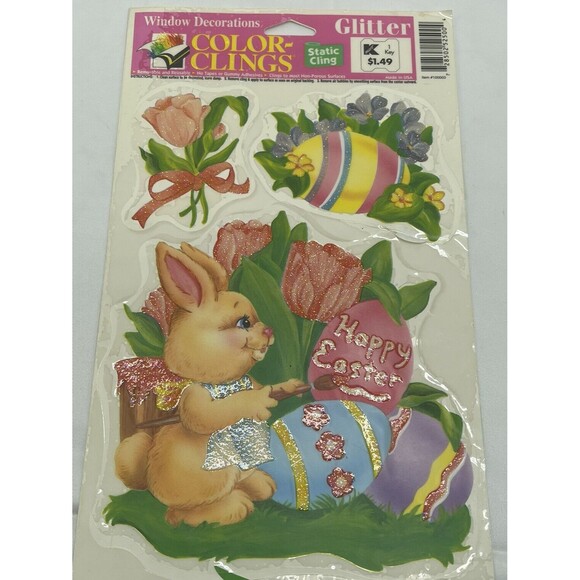 Vtg Color Clings Happy Easter Window Decorations Bunny Rabbit Eggs Flower Small - Picture 1 of 9